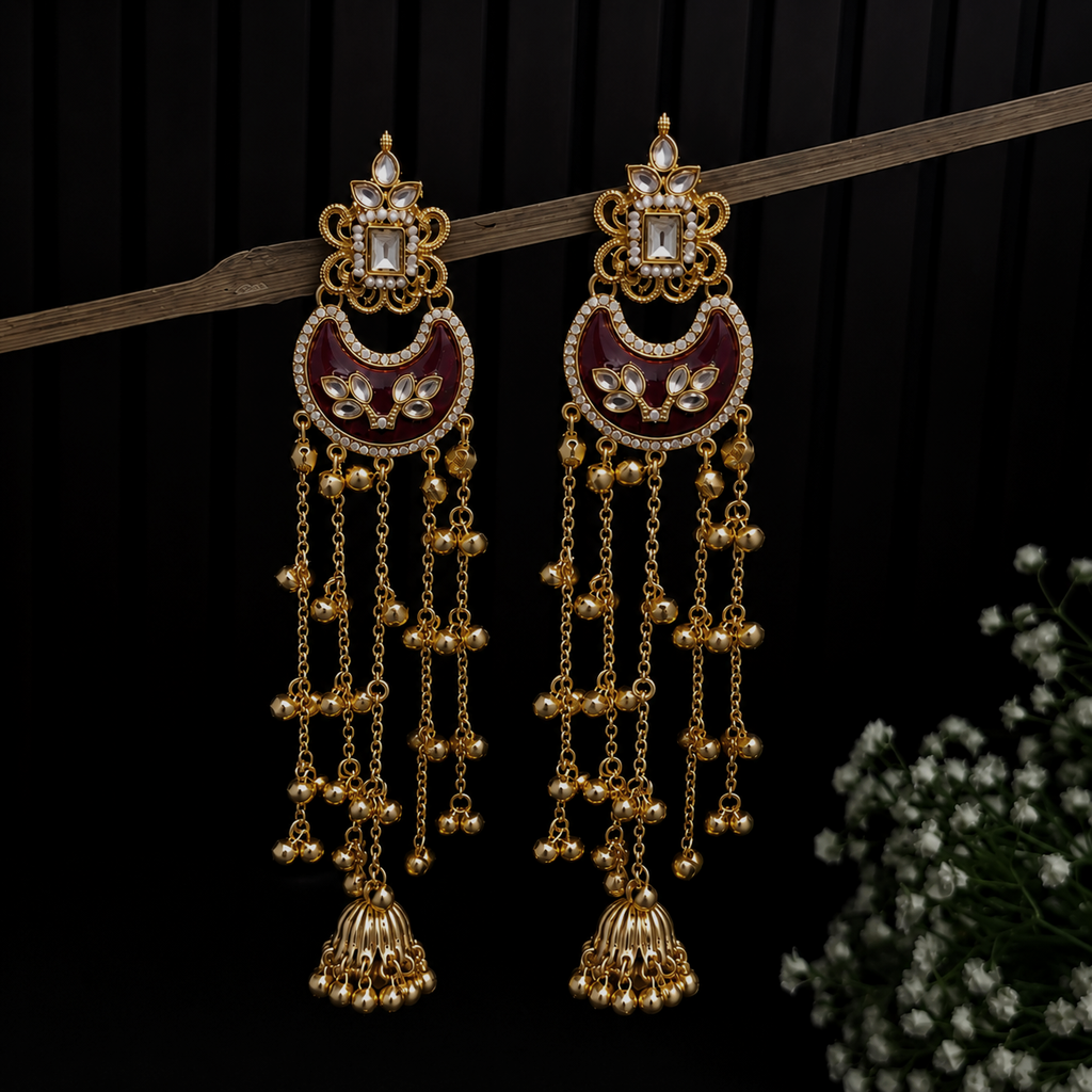Maroon Kundan Kashmiri Heavy Ghungroo Tassel Earrings