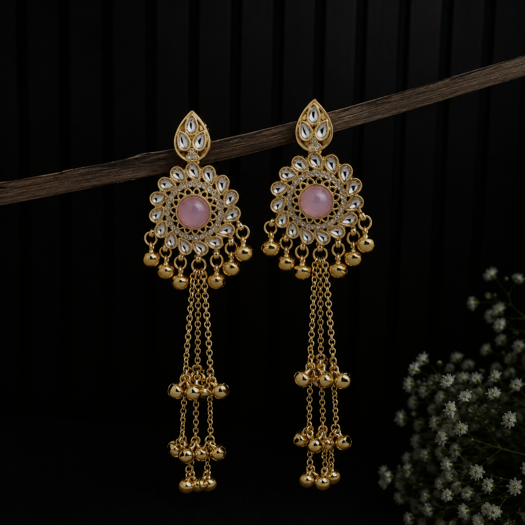 Pink Kundan Kashmiri Tassel Statement Earrings with Ghunghroo Drops