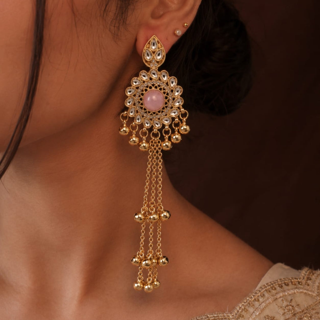 Pink Kundan Kashmiri Tassel Statement Earrings with Ghunghroo Drops