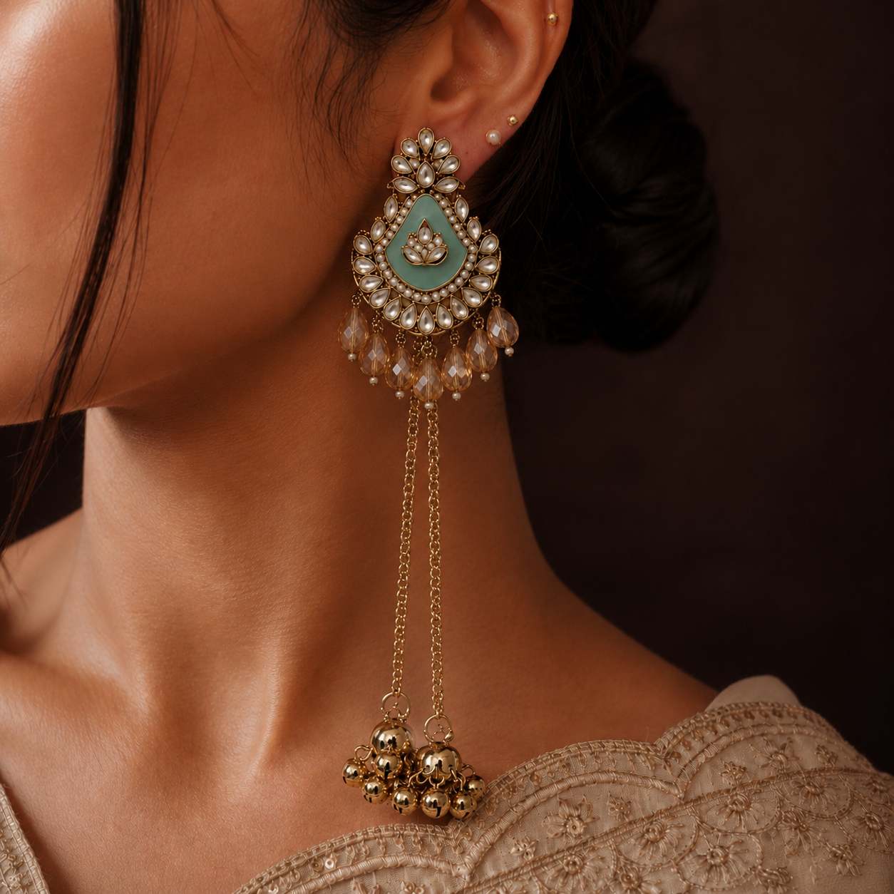 Kashmiri Mint Green Statement Ghunghroo Earrings