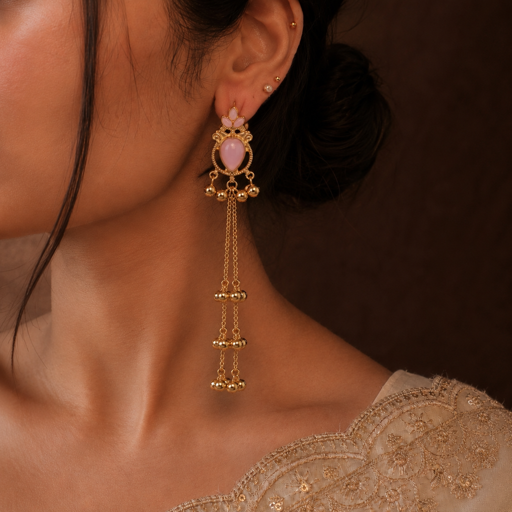 Blush Pink Kashmiri Long Chain Drop Earrings with Ghunghroo Tassels