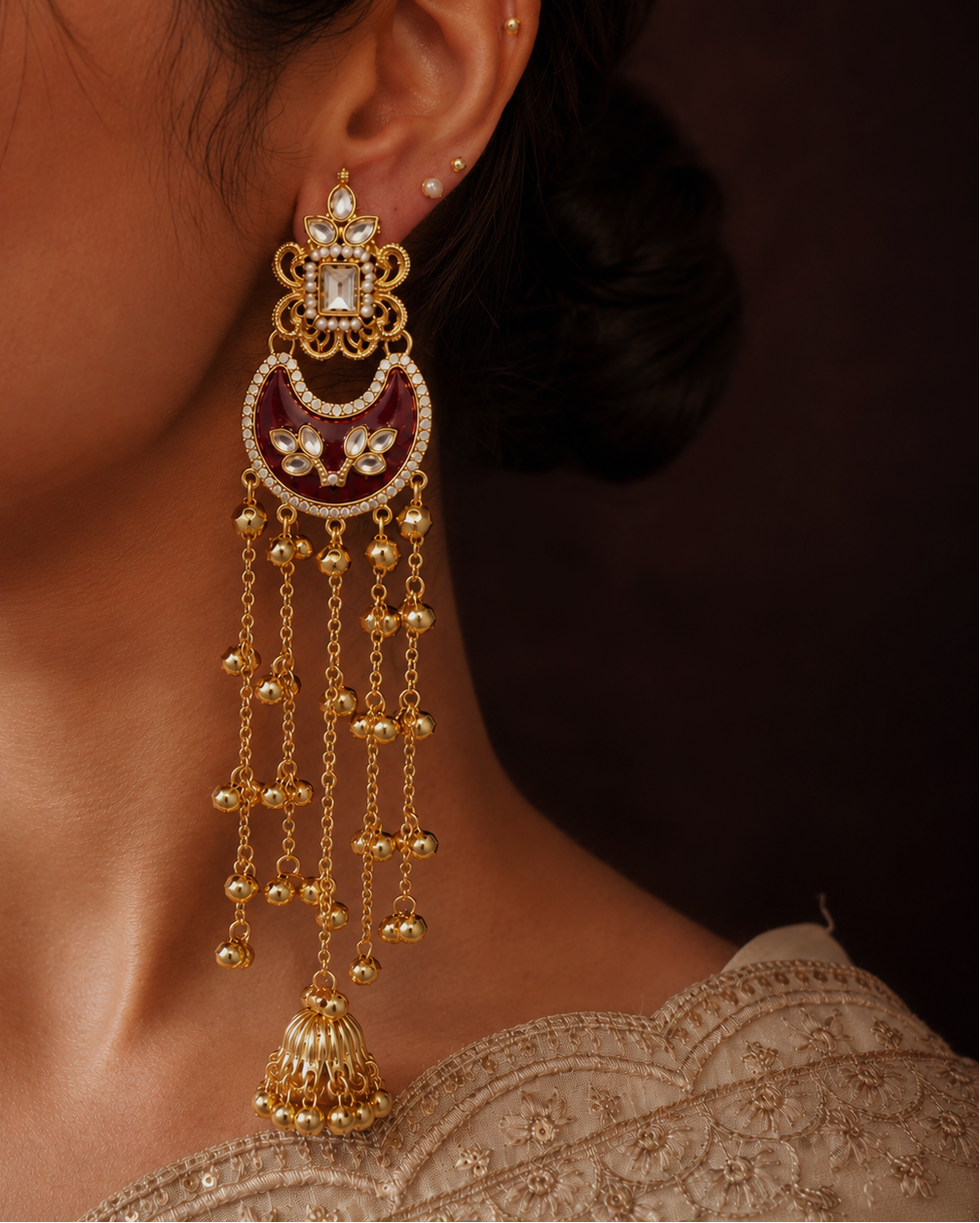 Maroon Kundan Kashmiri Heavy Ghungroo Tassel Earrings