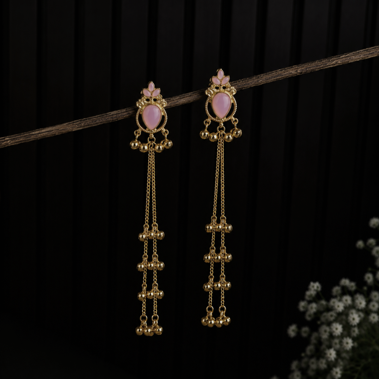 Blush Pink Kashmiri Long Chain Drop Earrings with Ghunghroo Tassels
